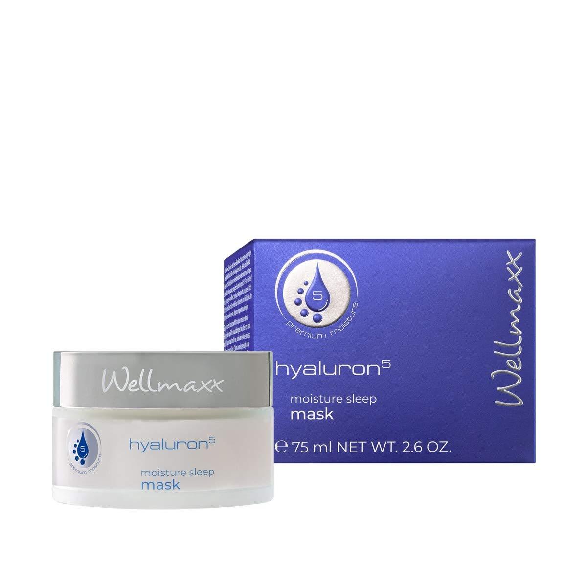 Wellmaxx hyaluron⁵ moisture sleep mask in jar with packaging, designed for intensive hydration and skin care.