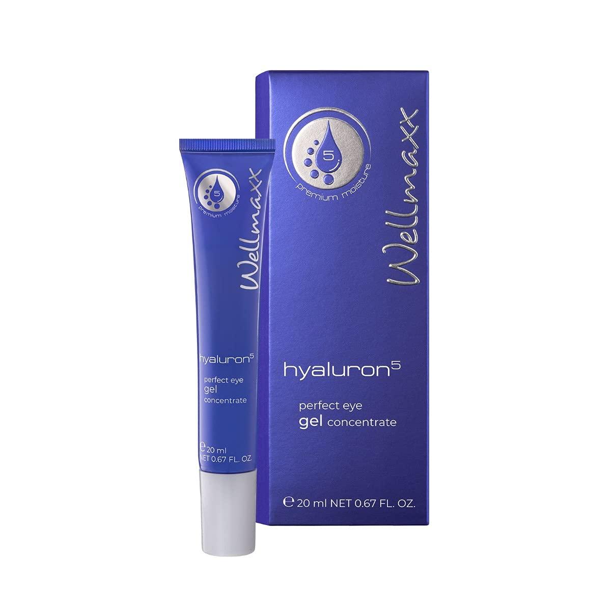 Wellmaxx hyaluron⁵ perfect eye gel concentrate 20ml for eye care and hydration, featuring natural ingredients.