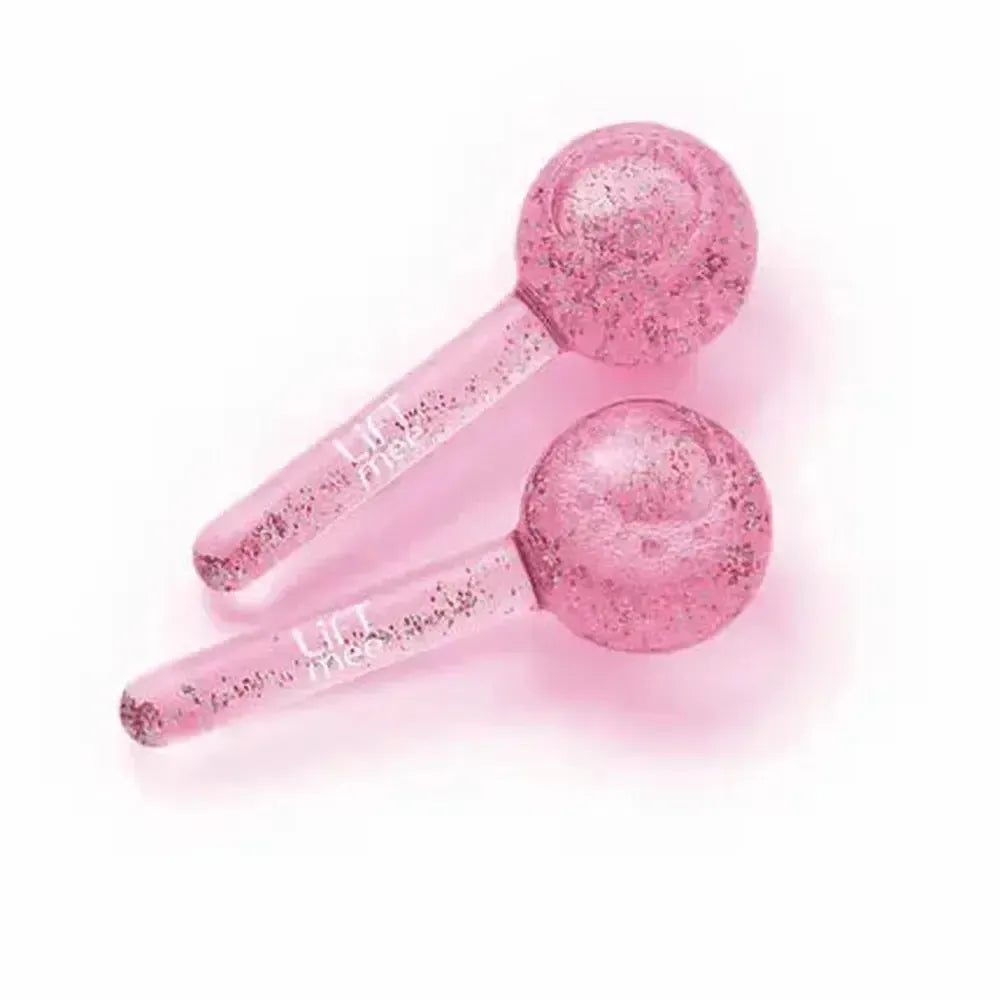 LiFTmee ICE GLOBES Duo Set pink glass facial massage cooling globes with glitter