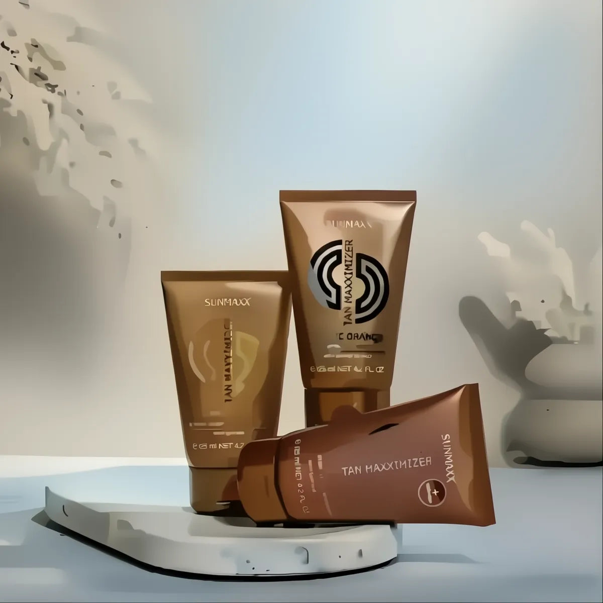 Drei Tuben Tan Maxximizer Creme Caramel Bräunungslotion auf Marmorplatte mit zarter Deko im Hintergrund