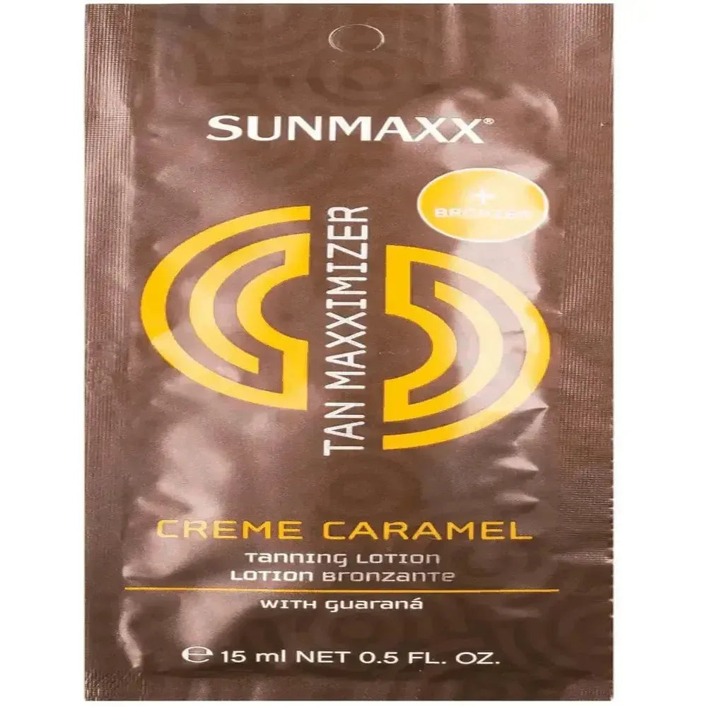 Sunmaxx Tan Maxximizer Creme Caramel Bronzer tanning lotion sachet with guarana extract and caramel aroma
