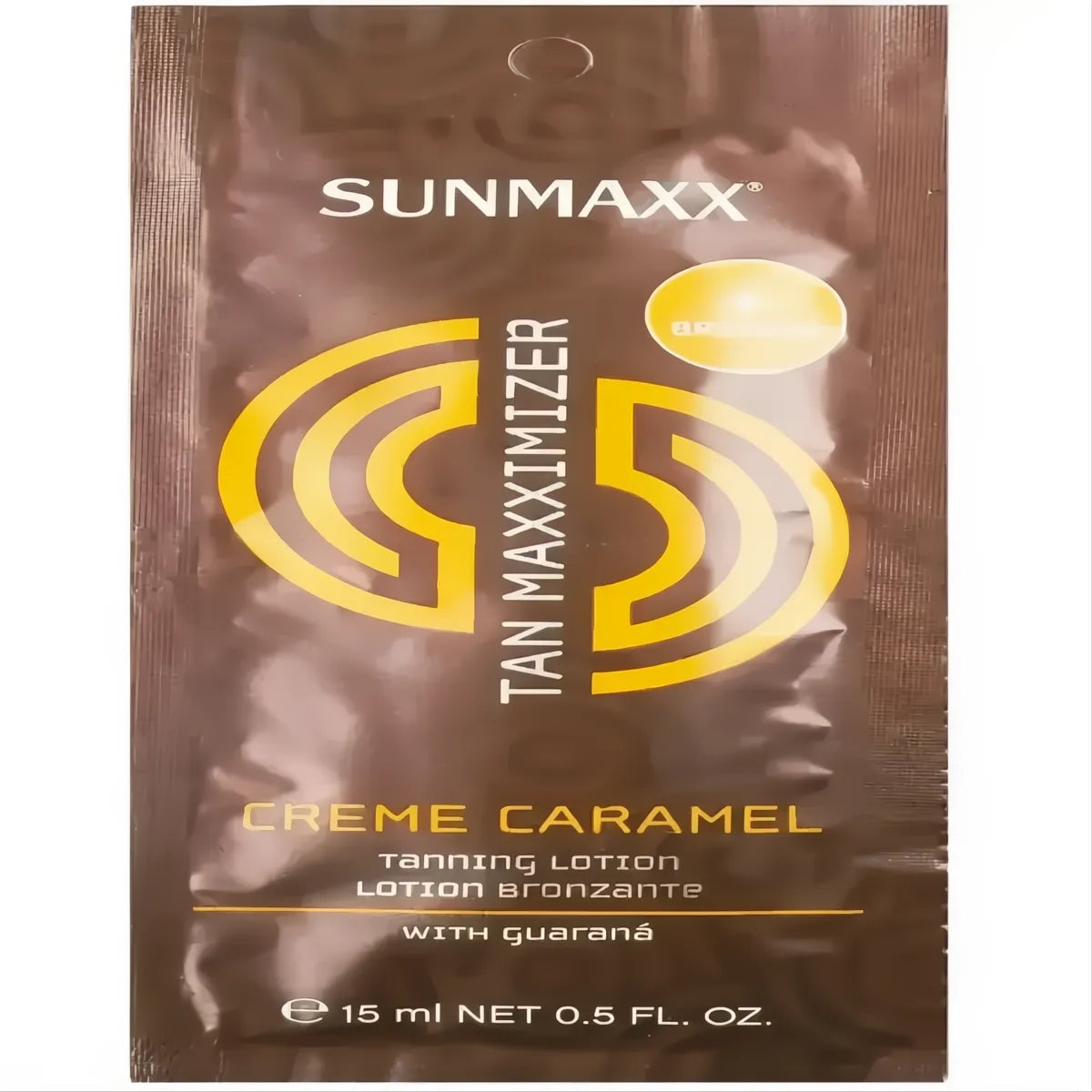 Sunmaxx Tan Maxximizer Creme Caramel Bronzer tanning lotion sachet with guarana extract and caramel aroma