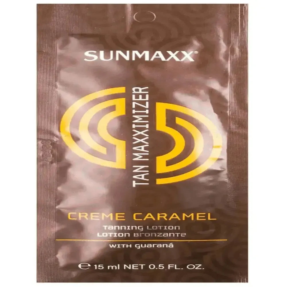 Tan Maxximizer Creme Caramel tanning lotion with guarana extract for accelerated, even tanning and skin nourishment.