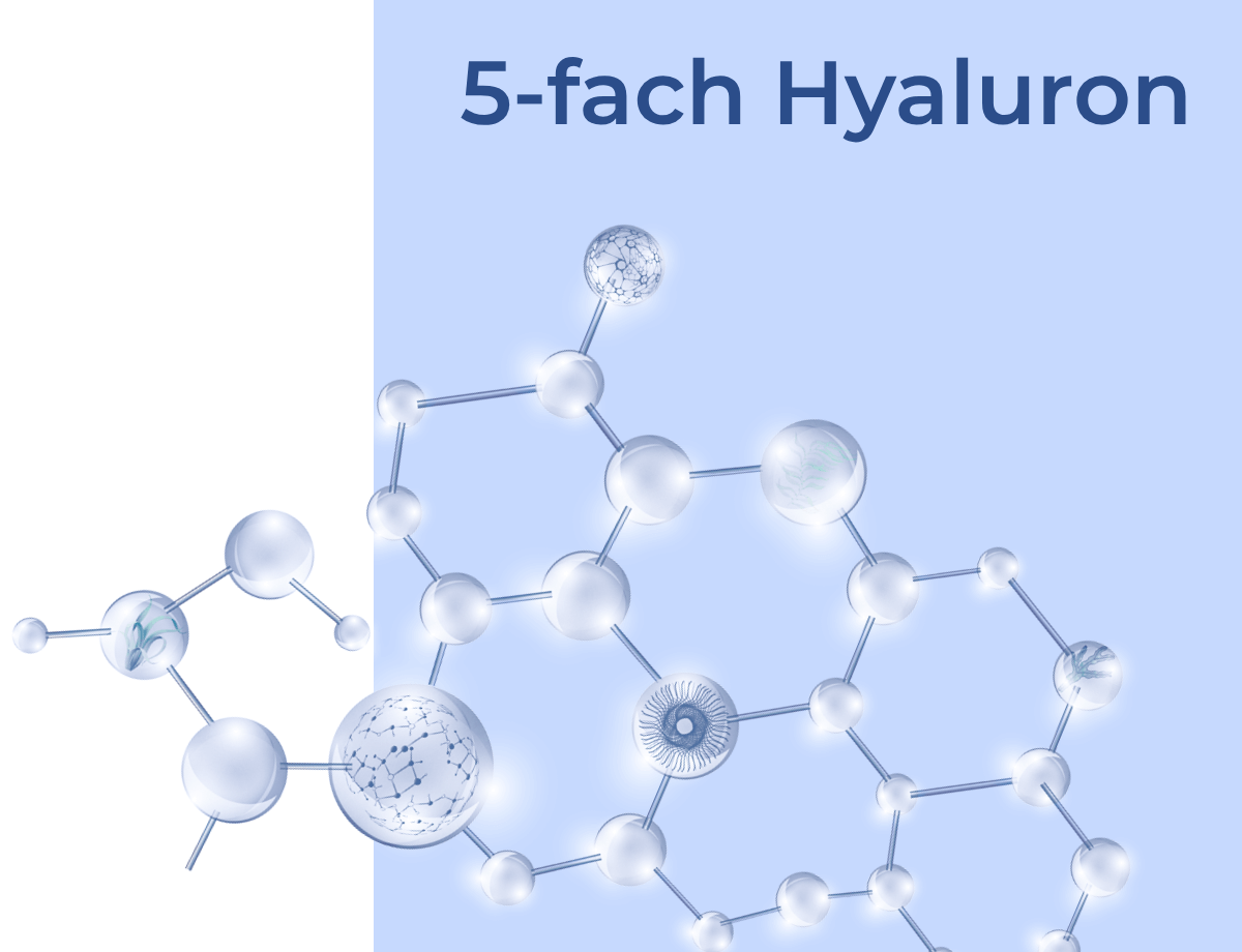 Molecular structure of 5-fach Hyaluron on a light blue background, illustrating beauty and skincare benefits.