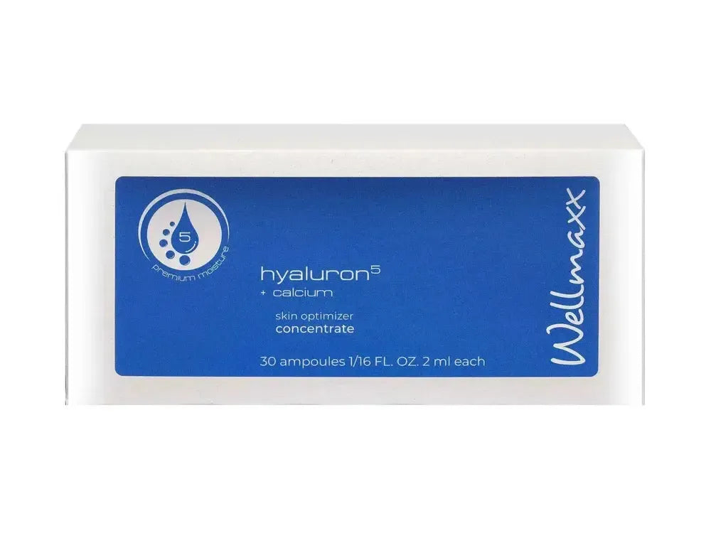 Hyaluron⁵ Calcium skin optimizer concentrate in white and blue ampoule box for anti-aging and hydration