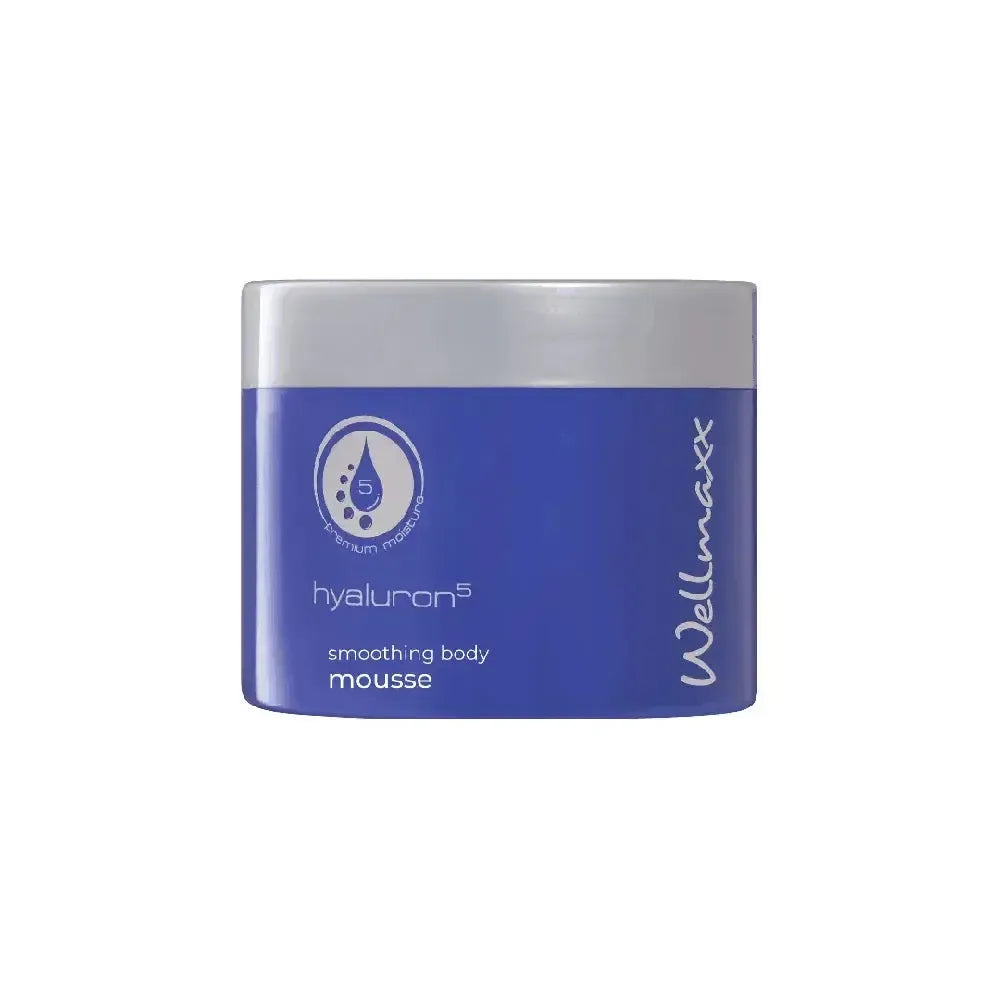 hyaluron⁵ smoothing body mousse with 5x hyaluronic acid and almond oil in blue jar