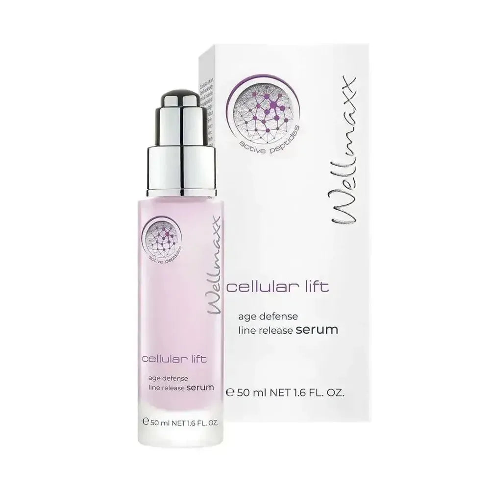 Wellmaxx cellular lift age defense line release serum bottle and packaging with peptide technology for skin firming and anti-aging effects