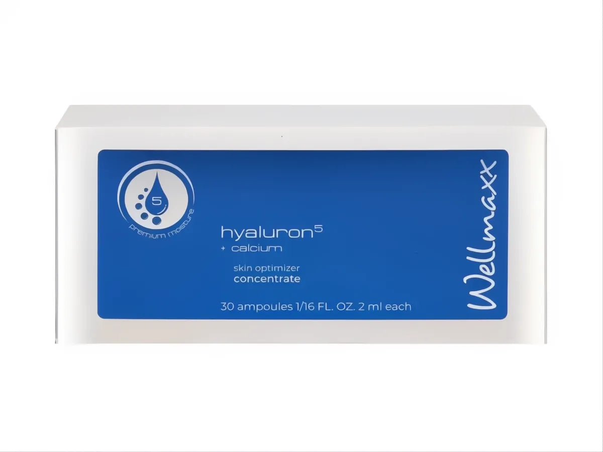 Hyaluron⁵ Calcium skin optimizer concentrate in white and blue ampoule box for anti-aging and hydration