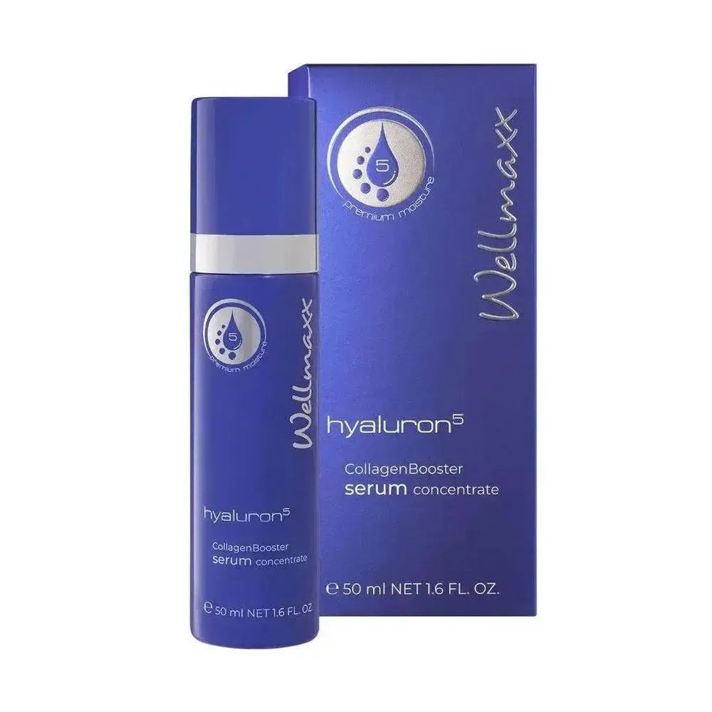 hyaluron⁵ collagen booster serum concentrate with 5-fold hyaluronic acid formula and tripeptides for youthful, firm skin in blue packaging