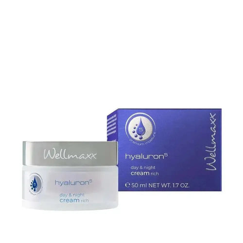 Wellmaxx hyaluron⁵ day & night cream rich with 5x hyaluronic acid for intense hydration and anti-aging.