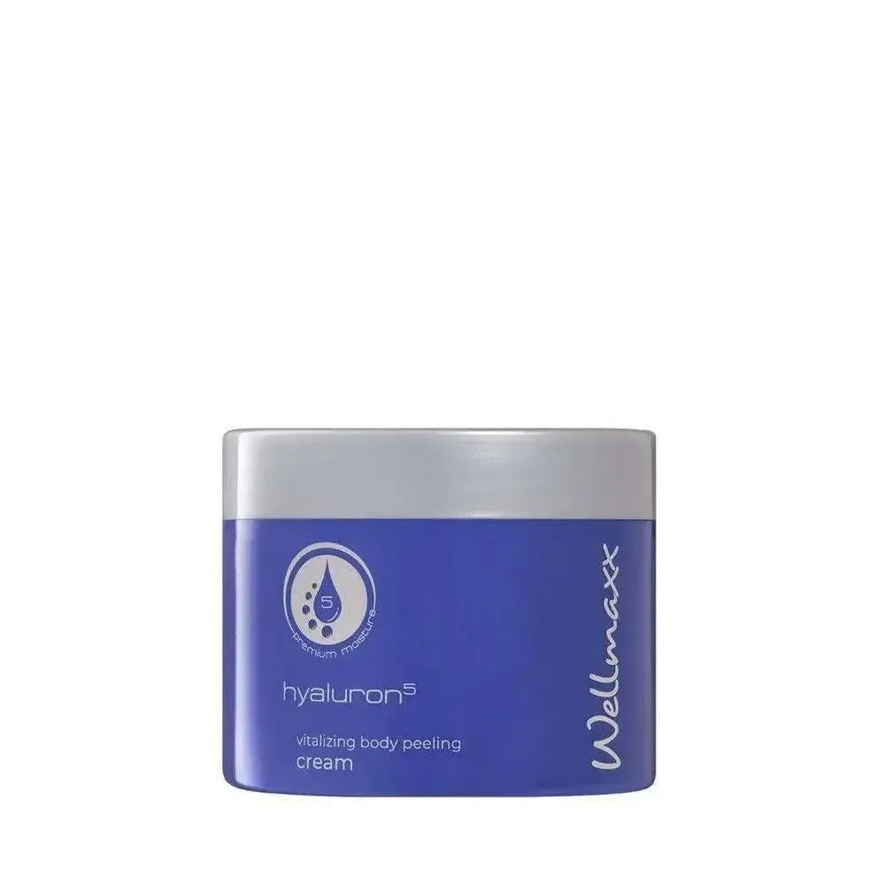 hyaluron⁵ vitalizing body peeling cream with natural ingredients for smooth skin in blue container