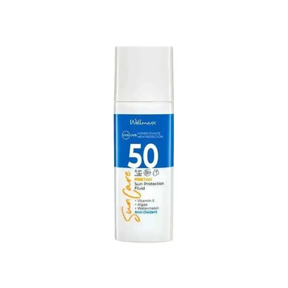 suncare face protection fluid SPF 50 with vitamin E, algae, watermelon extract, high UV protection, antioxidant fluid