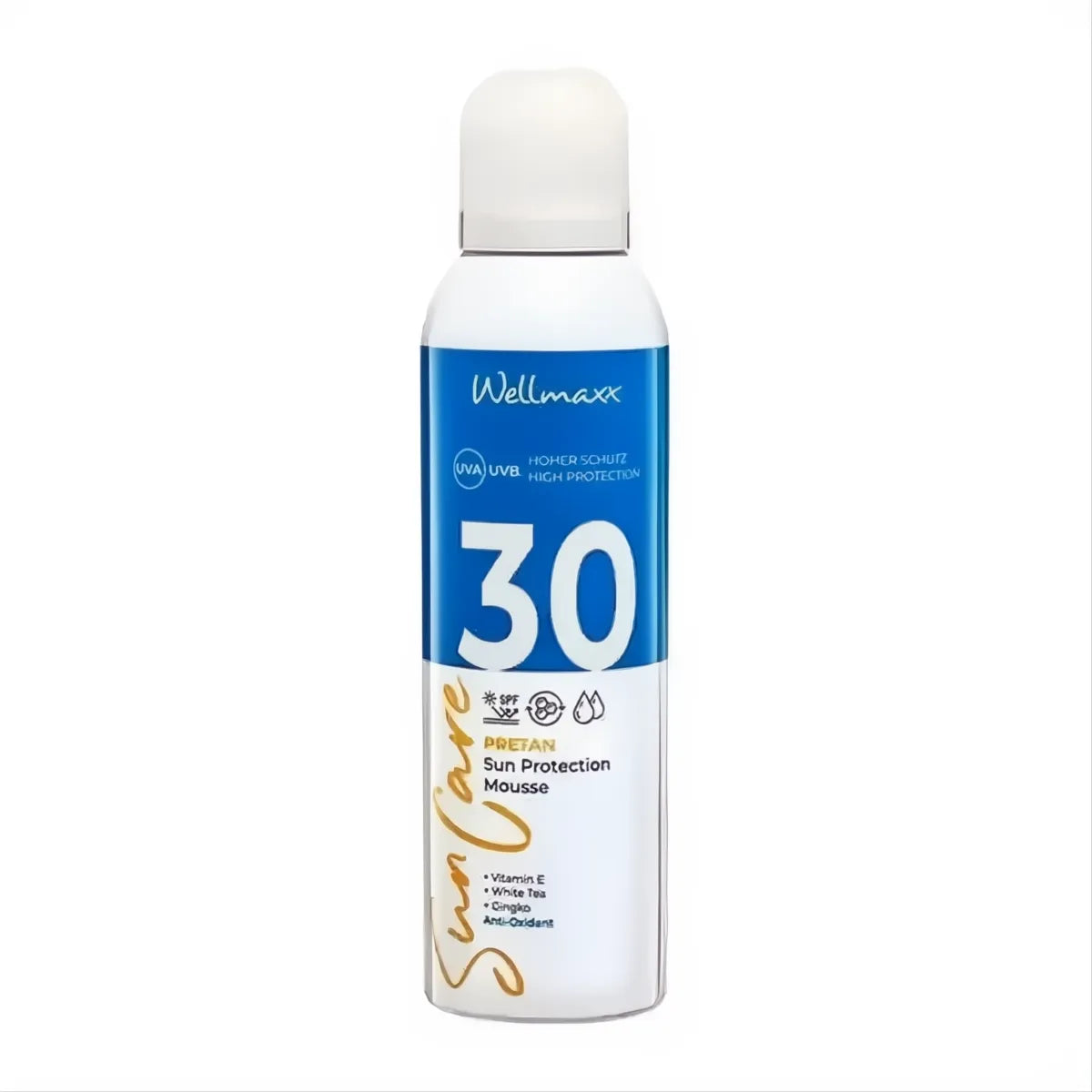 Wellmaxx suncare sun protection mousse SPF 30 with vitamin E, white tea, ginkgo extract, and antioxidant benefits